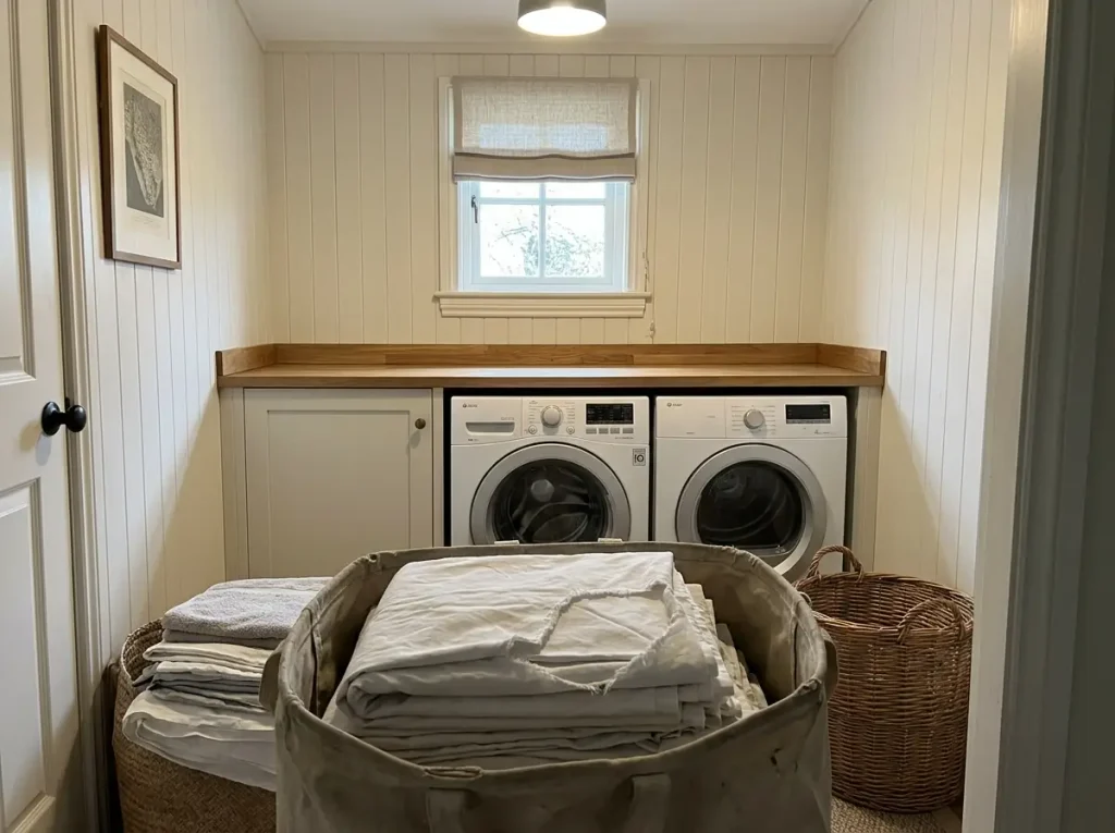 A bag of dry folded sheets standing ready by a utility room door for a textile recycling drop-off