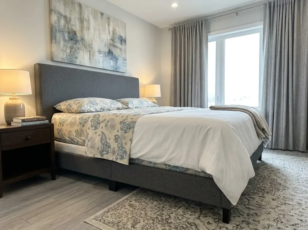 A Feather & Stitch percale sheet set on the bed with the fitted sheet gripping the mattress corner