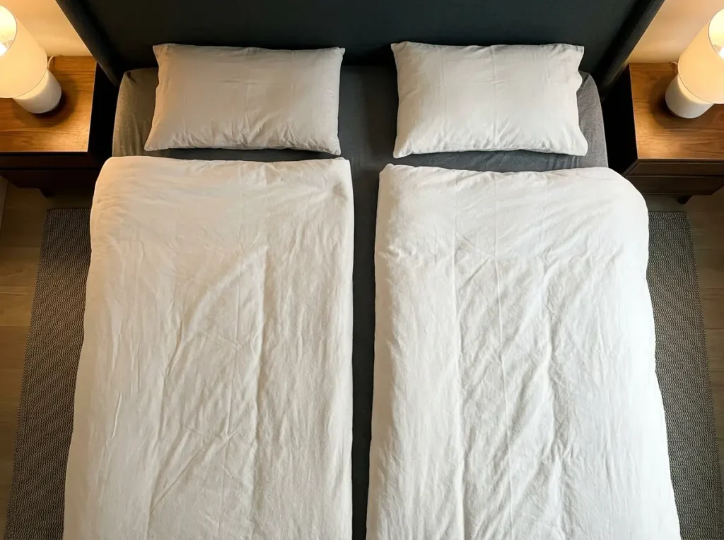 One flannel fitted sheet under a light duvet on one side and a heavy one on the other