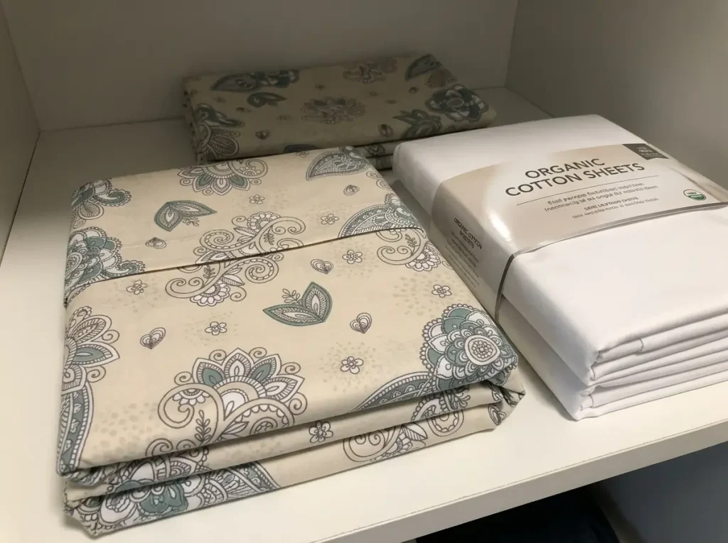 Two folded percale sheet sets on a linen cupboard shelf, one plainly labeled and one still banded