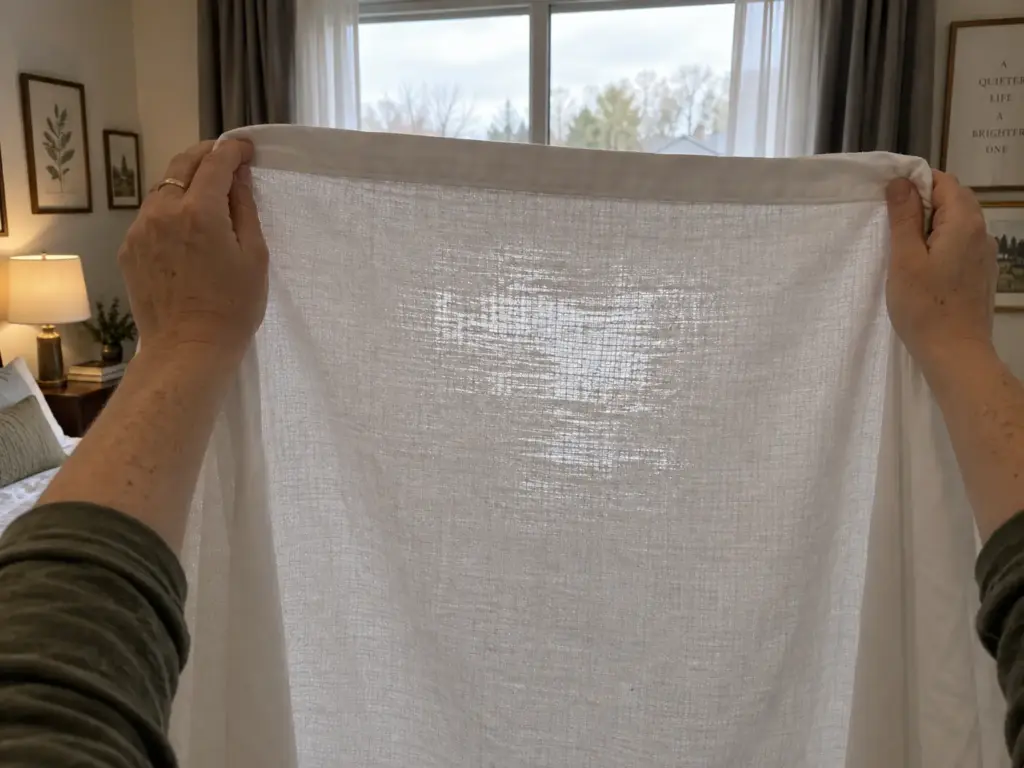 A cotton flat sheet held up to a bright window, the thinning center showing against the light