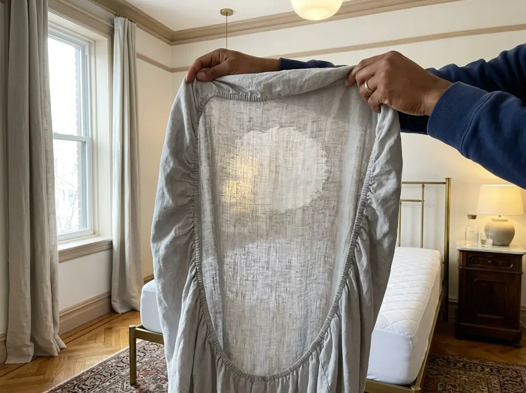 A worn linen fitted sheet held up to the light, thinner at the hip than the rest of the cloth