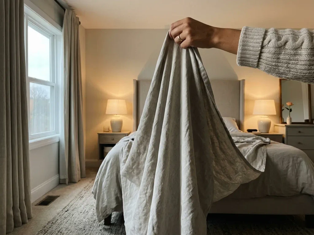 An old linen sheet held up by one corner, falling in deep heavy folds toward the floor