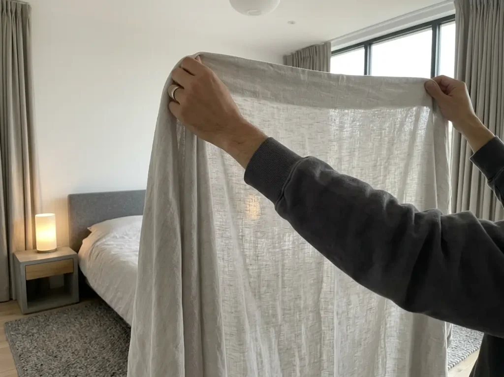 A washed linen flat sheet held up to a window to check whether the cloth still reads opaque