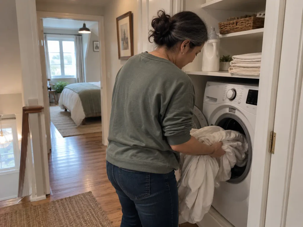 Woman loading a cotton sheet into a washing machine on a landing, seen from behind