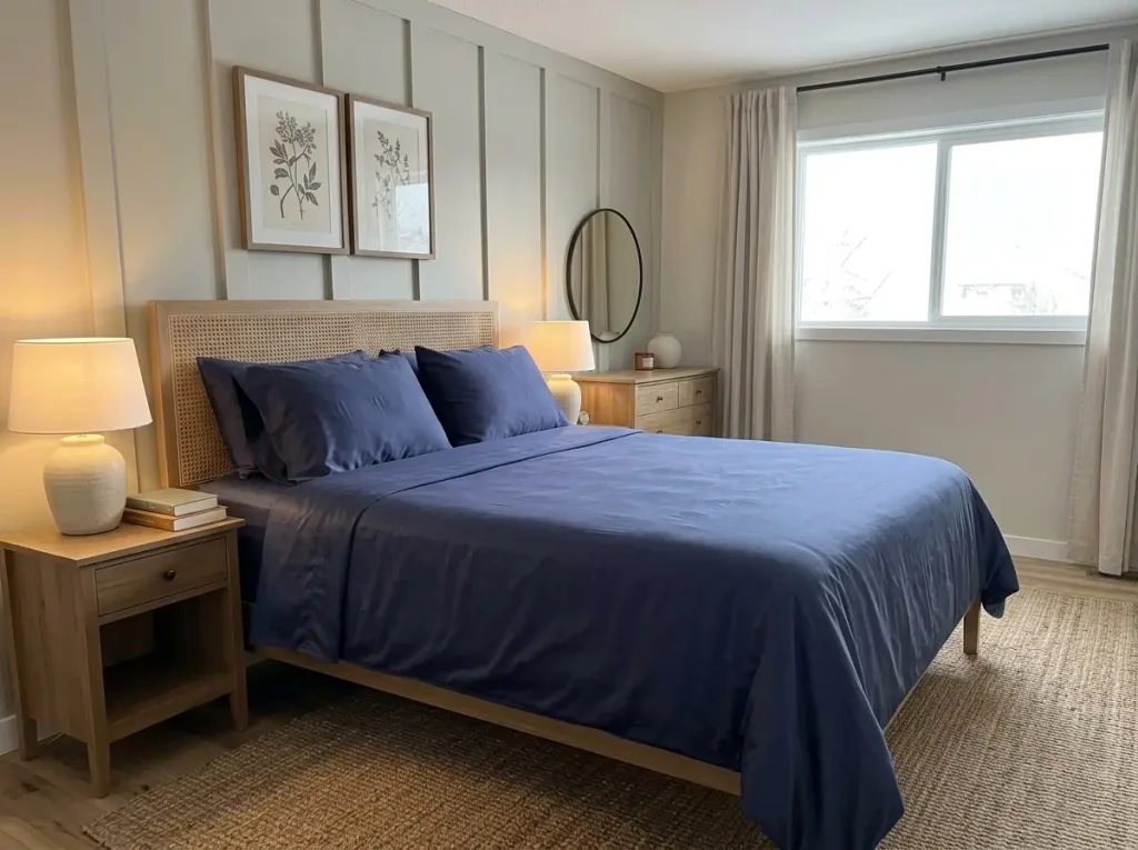 A bed made with a lyocell sateen set, a folded comforter across the foot of the bed