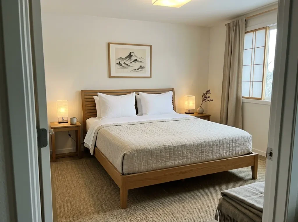 A neatly made bed with two fresh pillows seen from the bedroom doorway in bright midday light