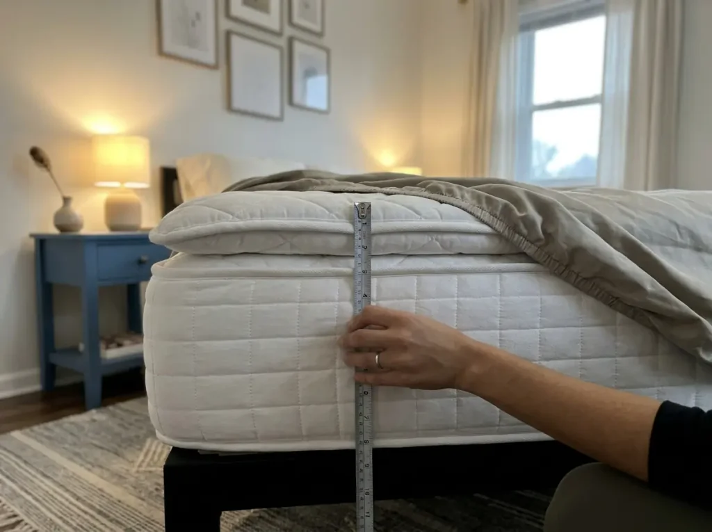 Tape measure held against the side of a mattress and topper to check pocket depth