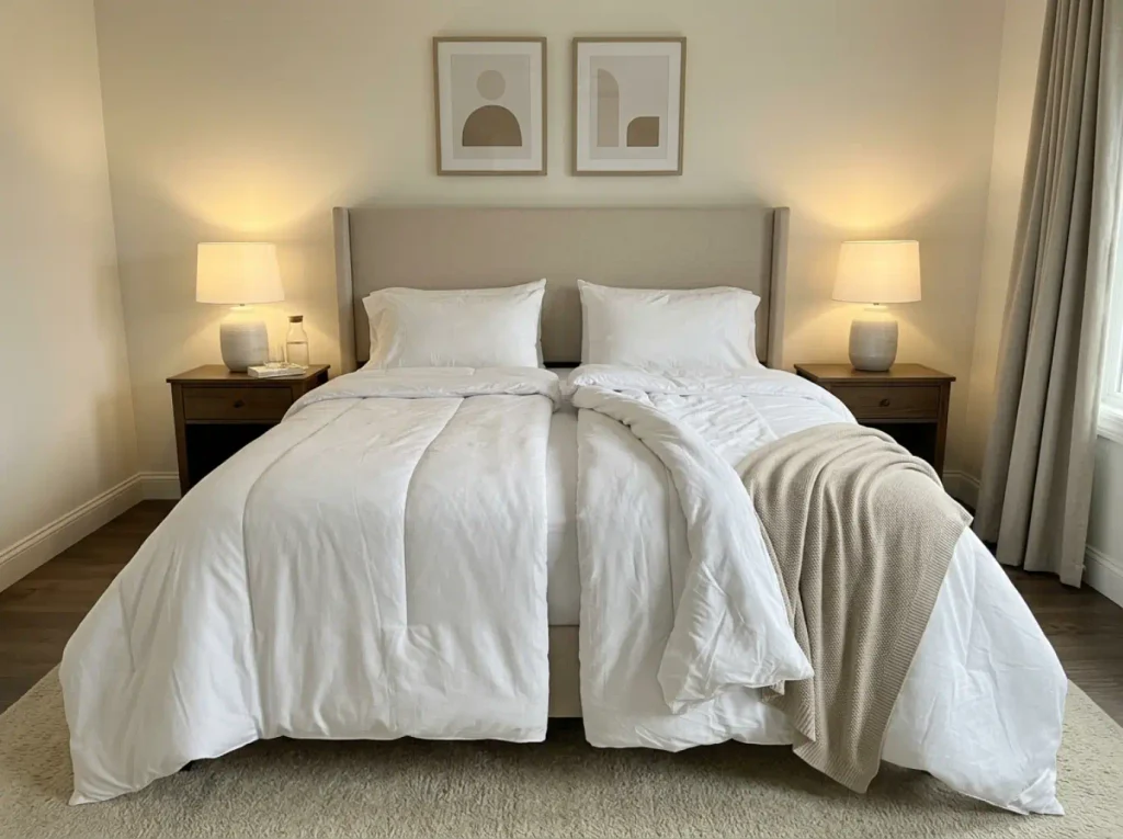 Two twin duvets side by side on one queen bed with a strip of fitted sheet showing between them