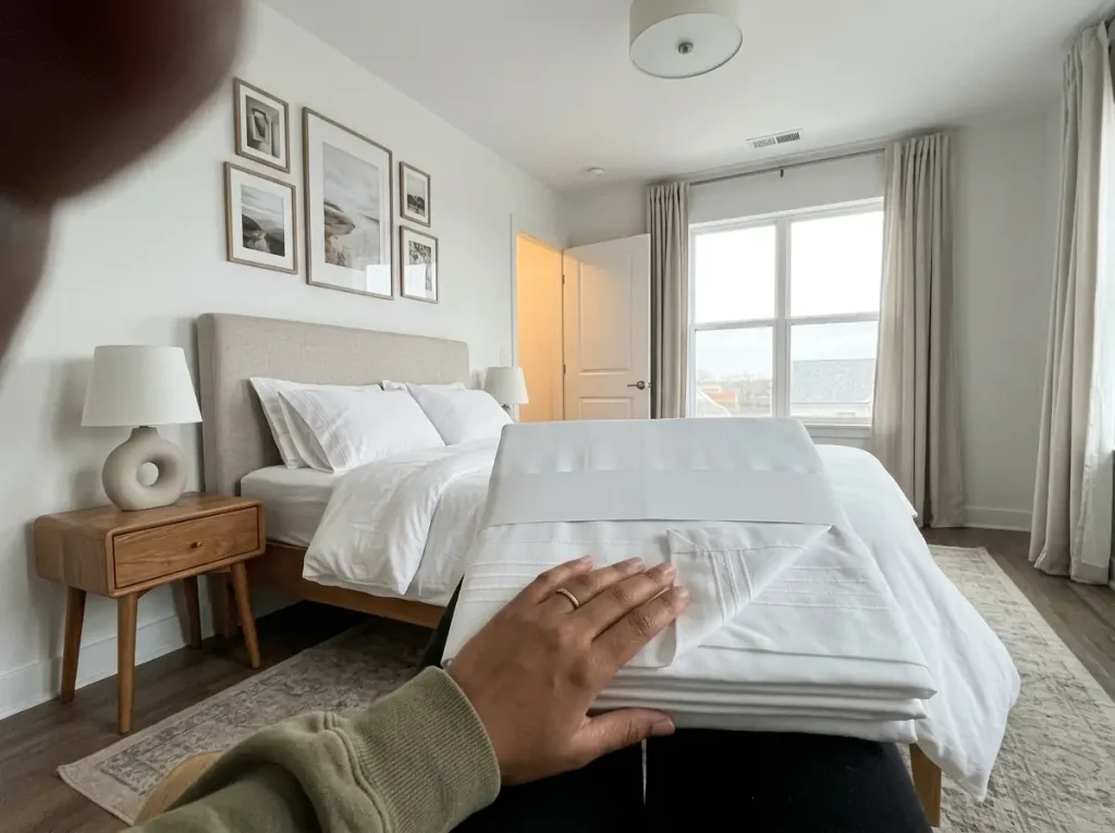 Hands holding a folded microfiber sheet set with its cooling claim printed on the band