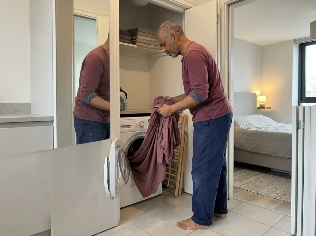 Someone lifting damp microfiber sheets out of a washer in a studio laundry alcove