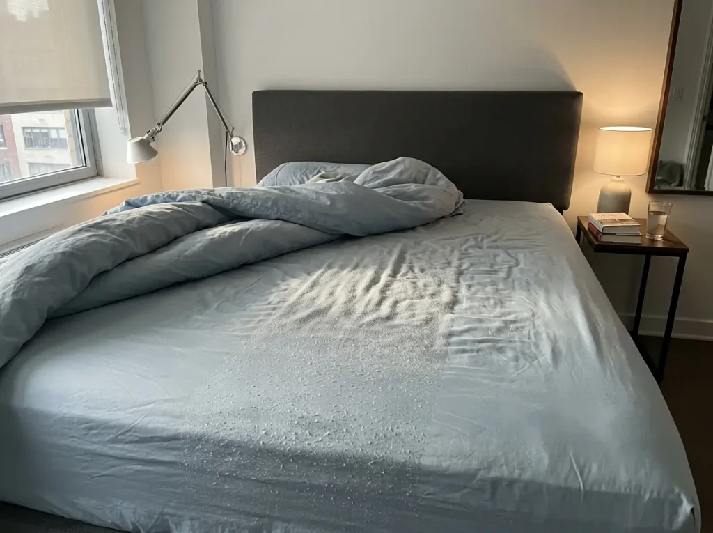 Raking lamplight across a washed microfiber fitted sheet showing a flattened, faintly pilled band