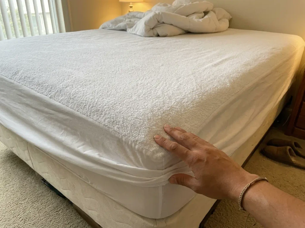 A fitted sheet pulled back off one corner to show the cotton terry mattress protector underneath