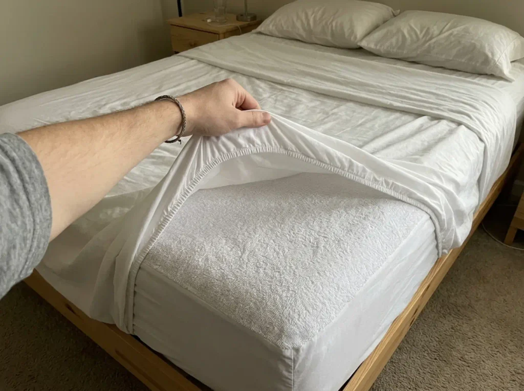 A fitted sheet peeled back off a mattress corner to reveal the terry mattress protector underneath