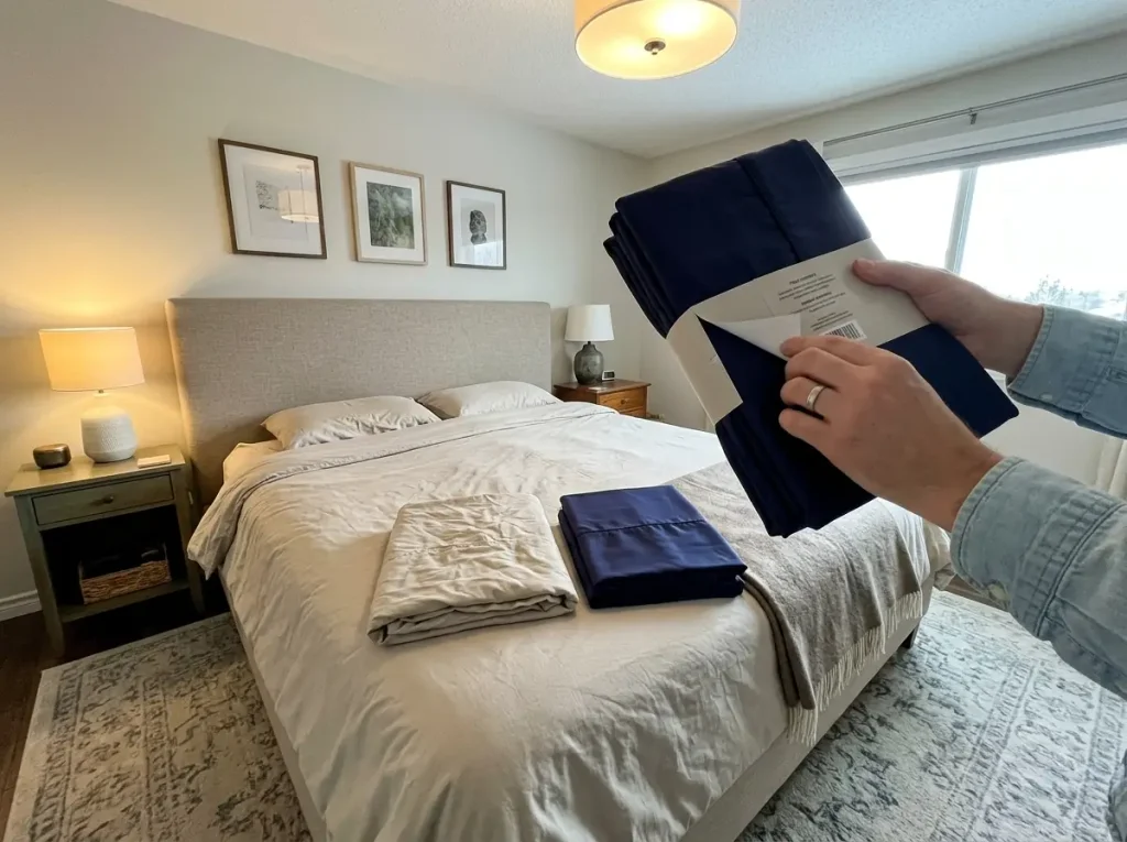 Hands reading the fiber content panel on a folded bamboo lyocell sheet set at the end of a made bed