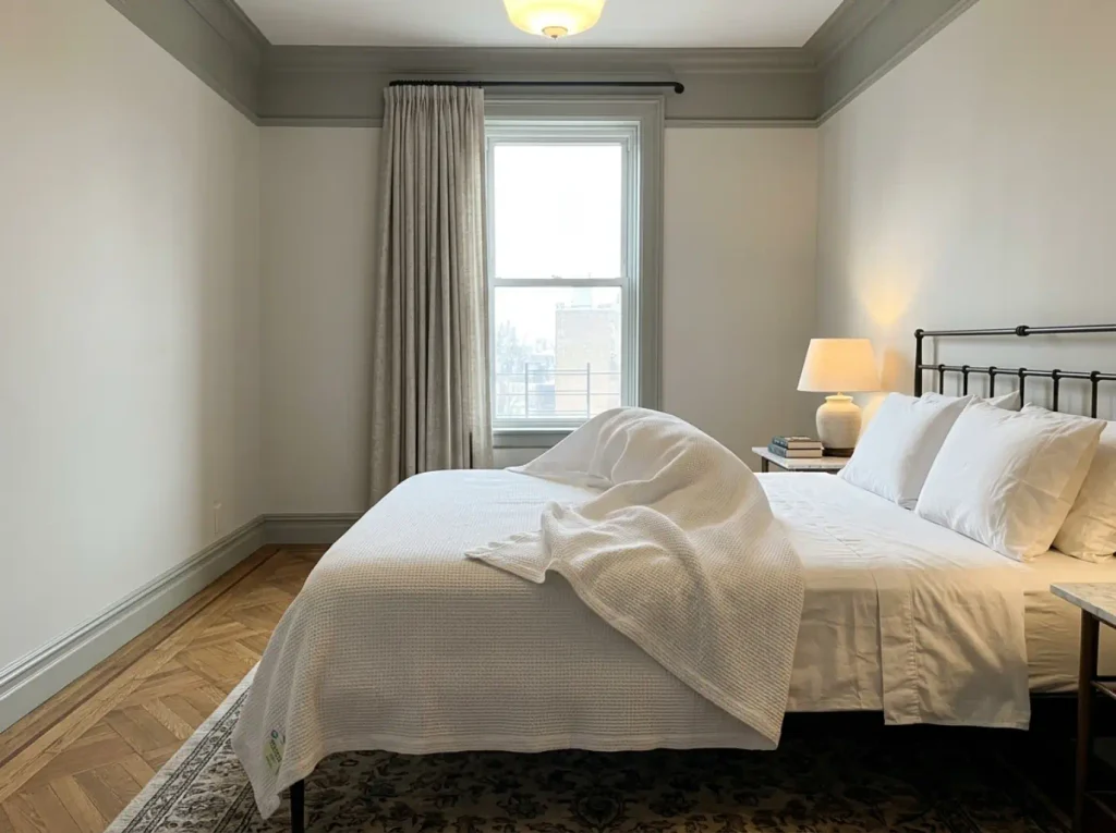 A waffle weave cotton blanket laid across an already made bed as a single added layer