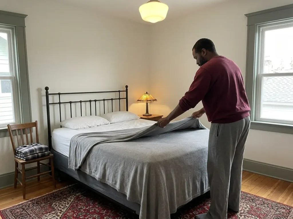 A man pulling a jersey sheet across a bed with a folded flannel set set aside