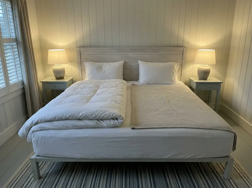One bed made with two separate top layers, a heavy duvet on one side and a thin blanket on the other