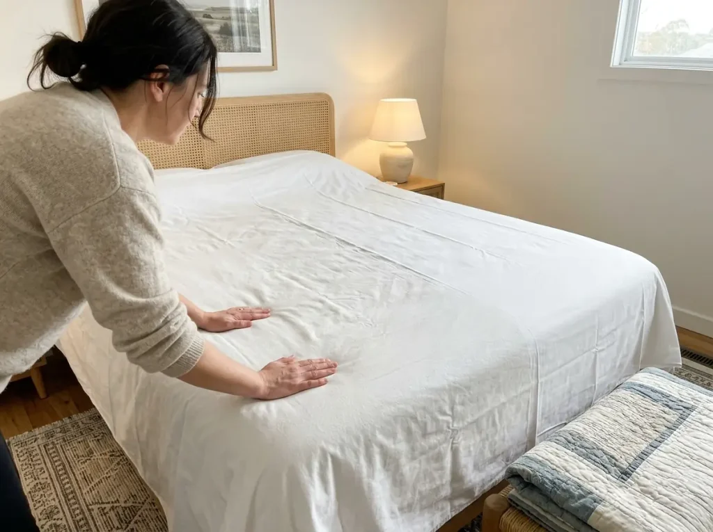 Woman smoothing one side of a bed where the sheet is visibly more worn than the other
