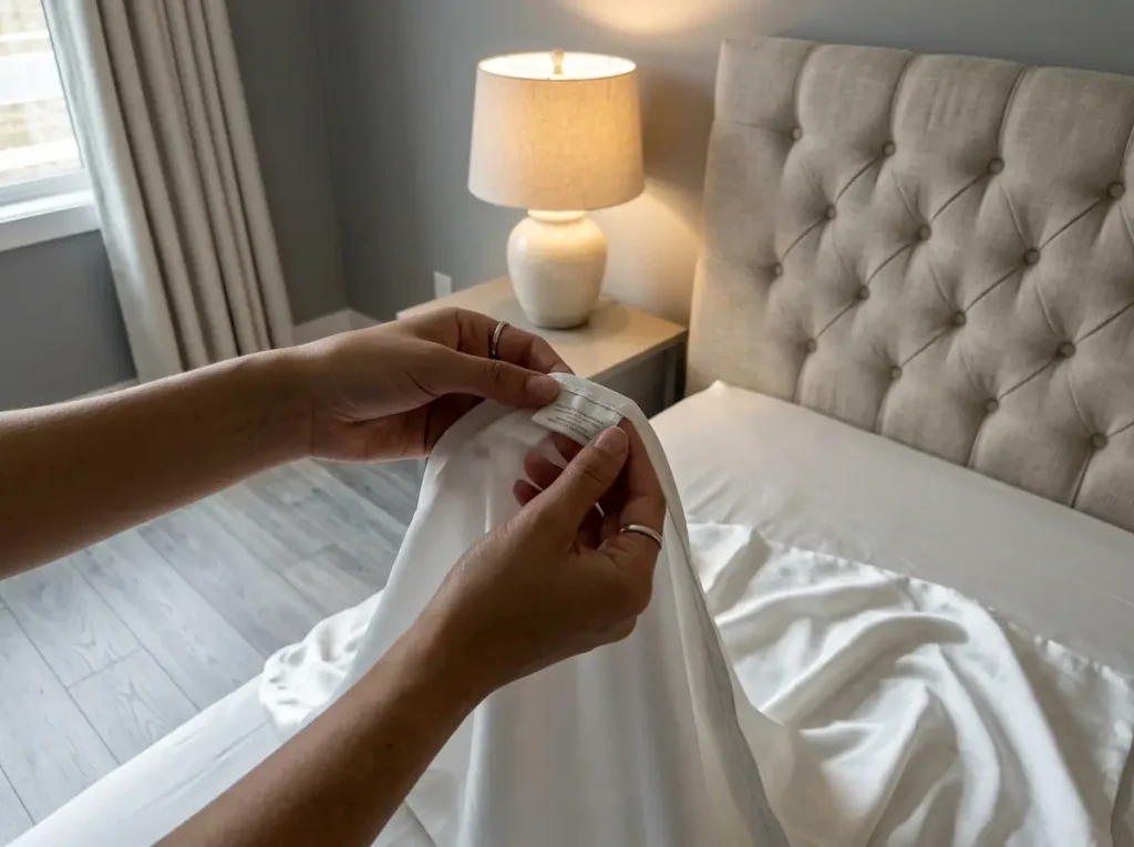 The sewn-in tag of a silk pillowcase turned flat under a lamp, held open between two fingers to be read