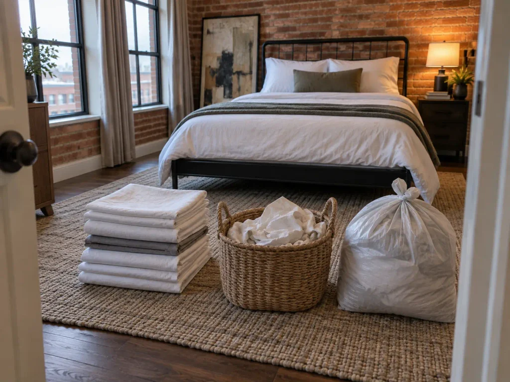 Three sorted piles of old bedding on a rug by the door, one bagged for the trash