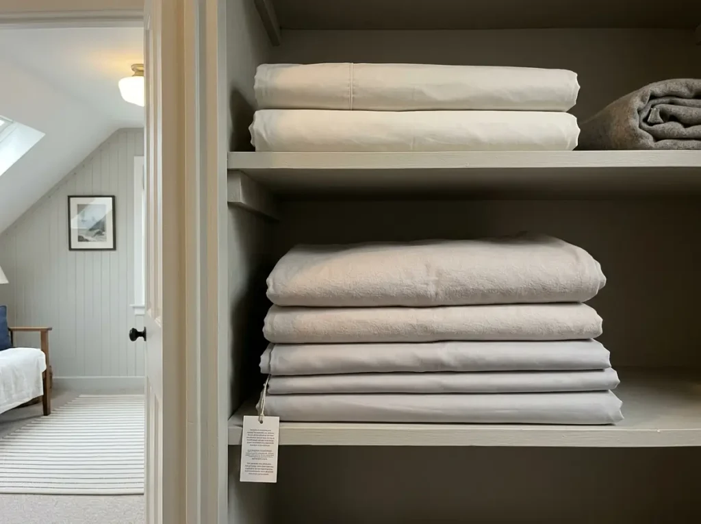 Folded sheet sets on painted eaves shelving with an old hangtag still attached to one stack