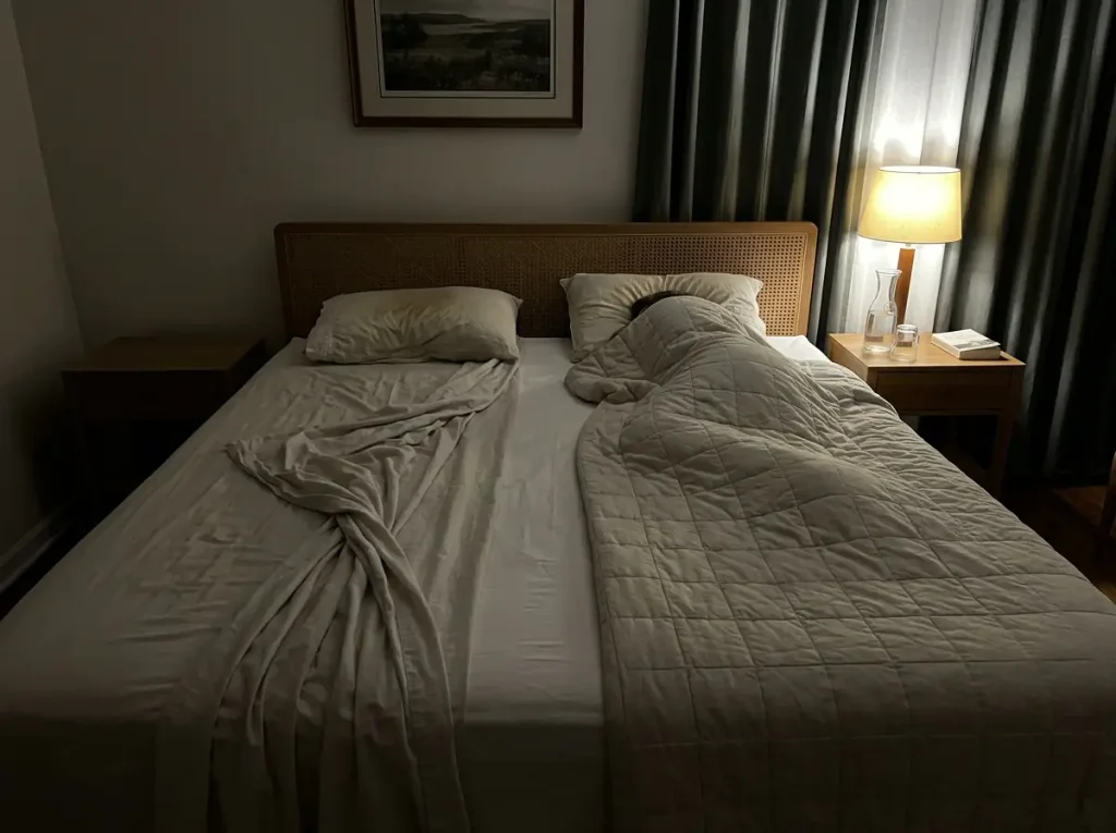 Two separate covers of different weights side by side on one bed at night