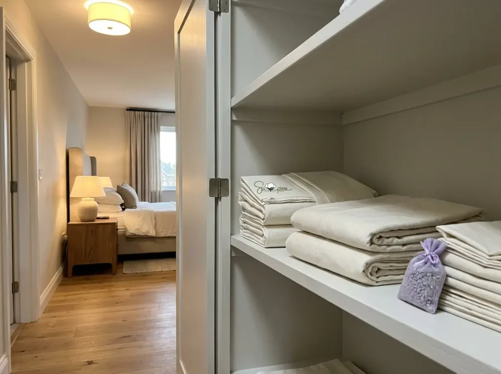 Two folded cotton sheet sets stacked on a linen cupboard shelf, one Supima, one older