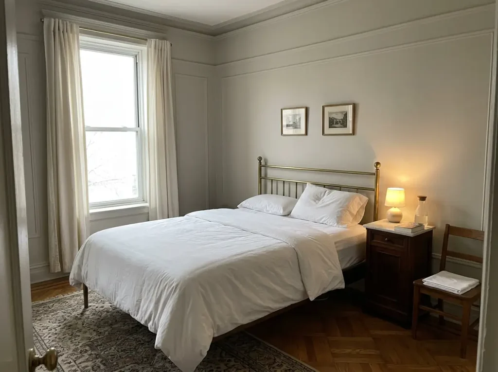 A bed made without a top sheet, the folded flat sheet set aside on a chair for the week