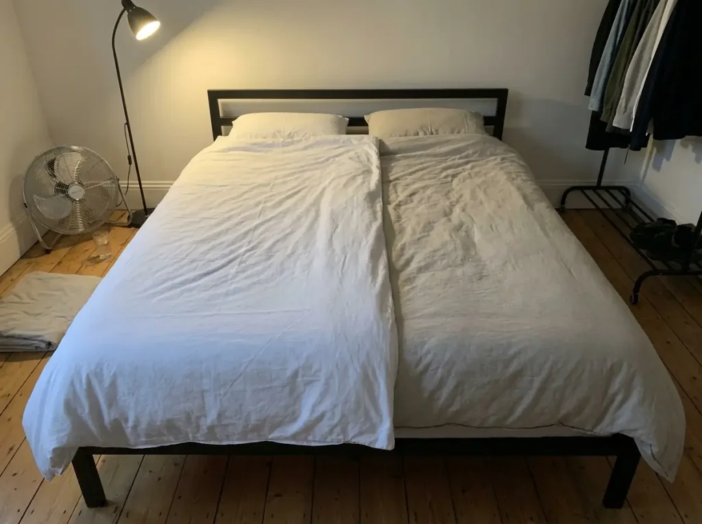 Two separate duvets made up side by side on one bed, one thinner than the other