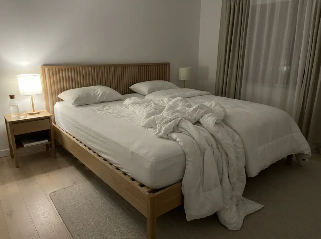 Two twin duvets on one bed at night, one thrown back and one undisturbed, sheet showing between