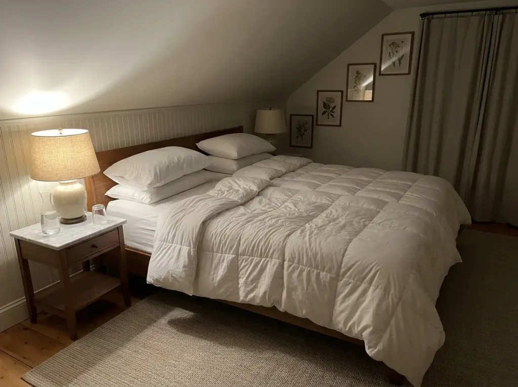Two separate comforters on one bed at night, one pushed back and one still drawn up
