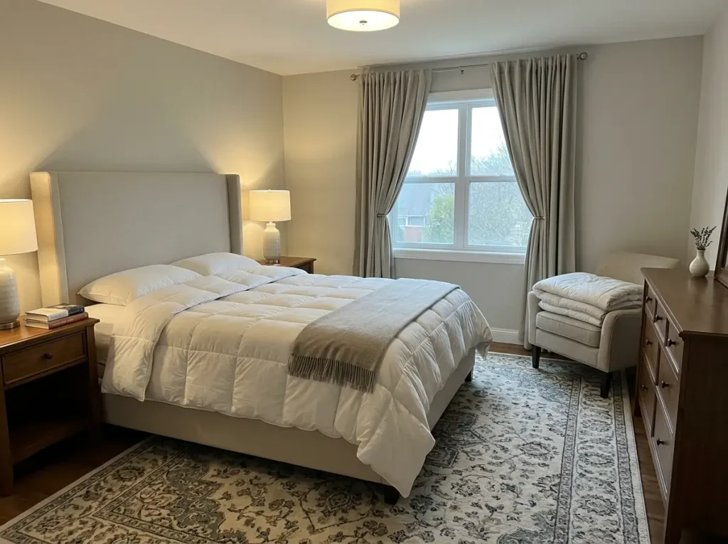 A flat old comforter folded on a chair beside a bed already made up with a thicker replacement