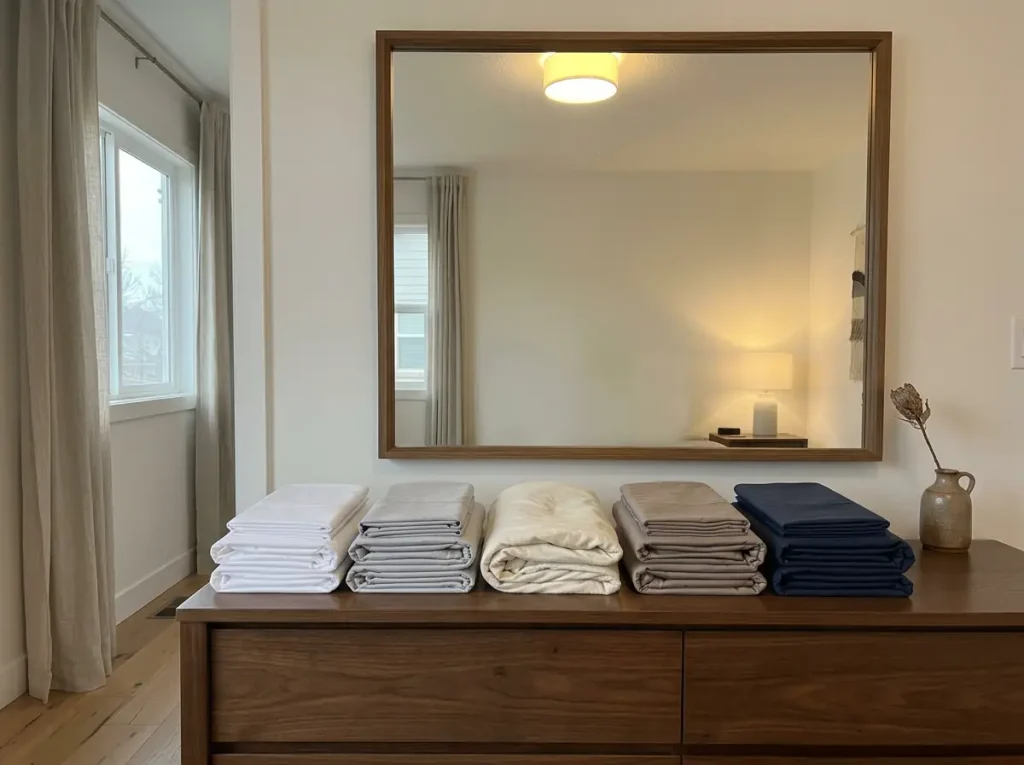 Five folded sheet sets in a row on a dresser, one visibly limp and faded beside four crisp ones