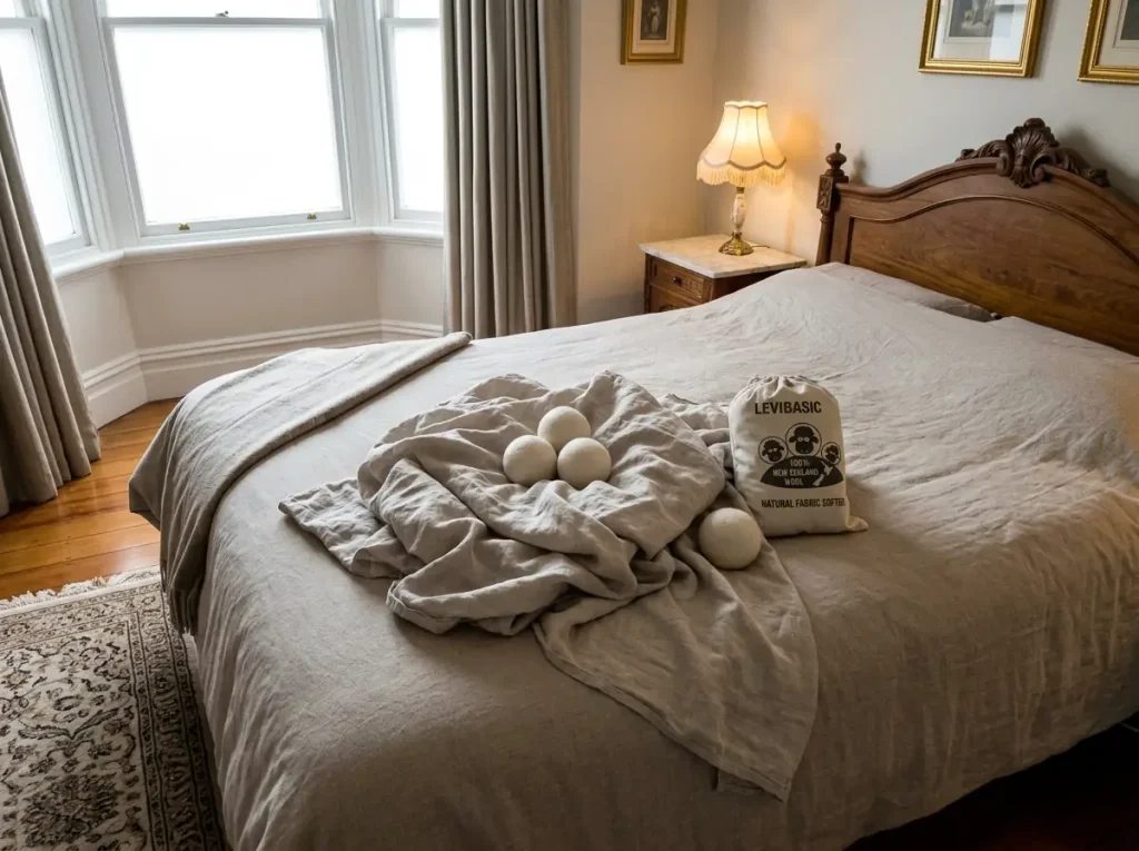Wool dryer balls resting on a bundle of slightly damp linen sheets on the bed
