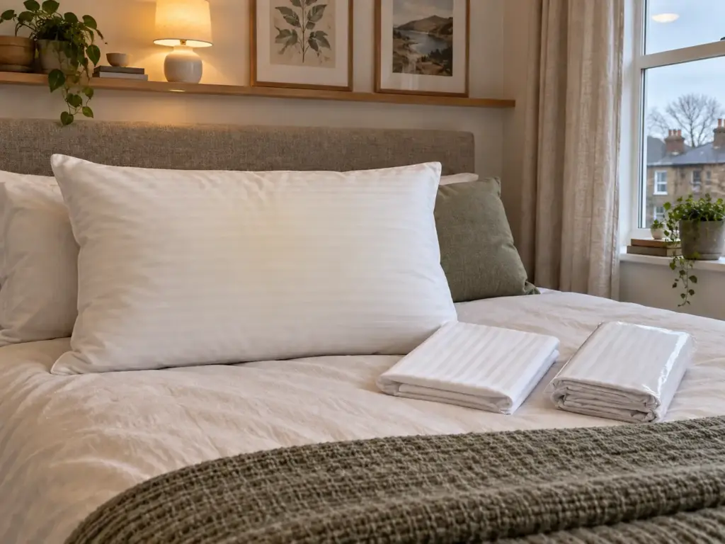Cleaned down pillow, now faintly cream beside a white pillowcase, with a cotton pillow protector pack on the bed