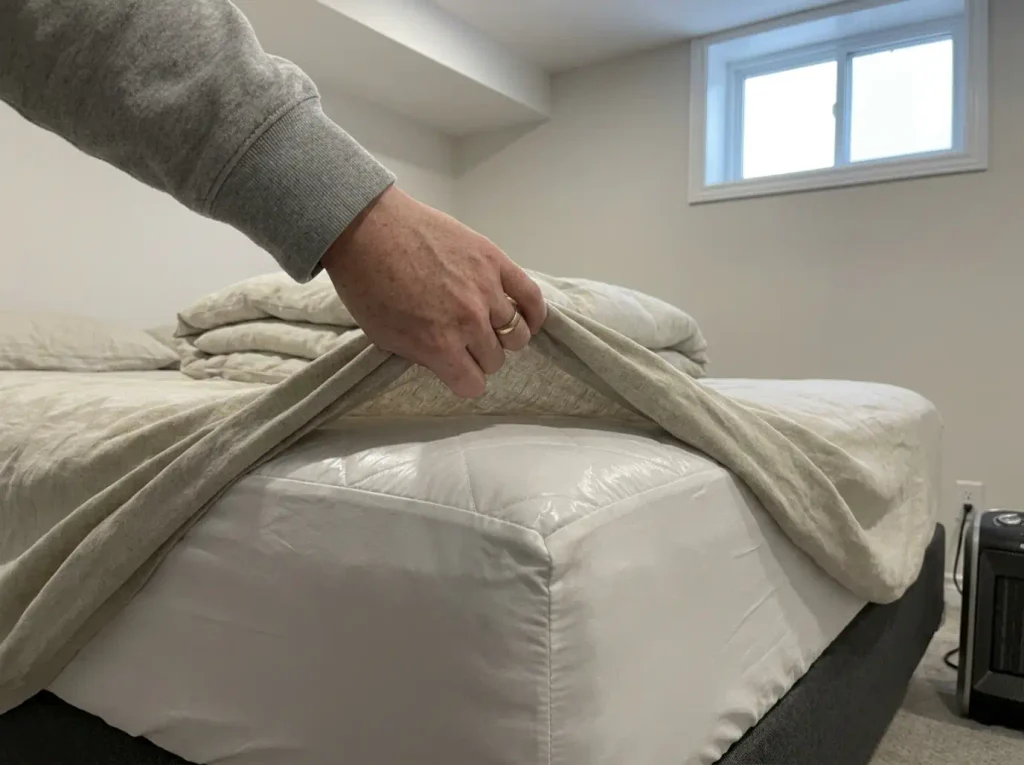 A fitted sheet peeled back off the mattress corner to show the plastic-backed protector underneath