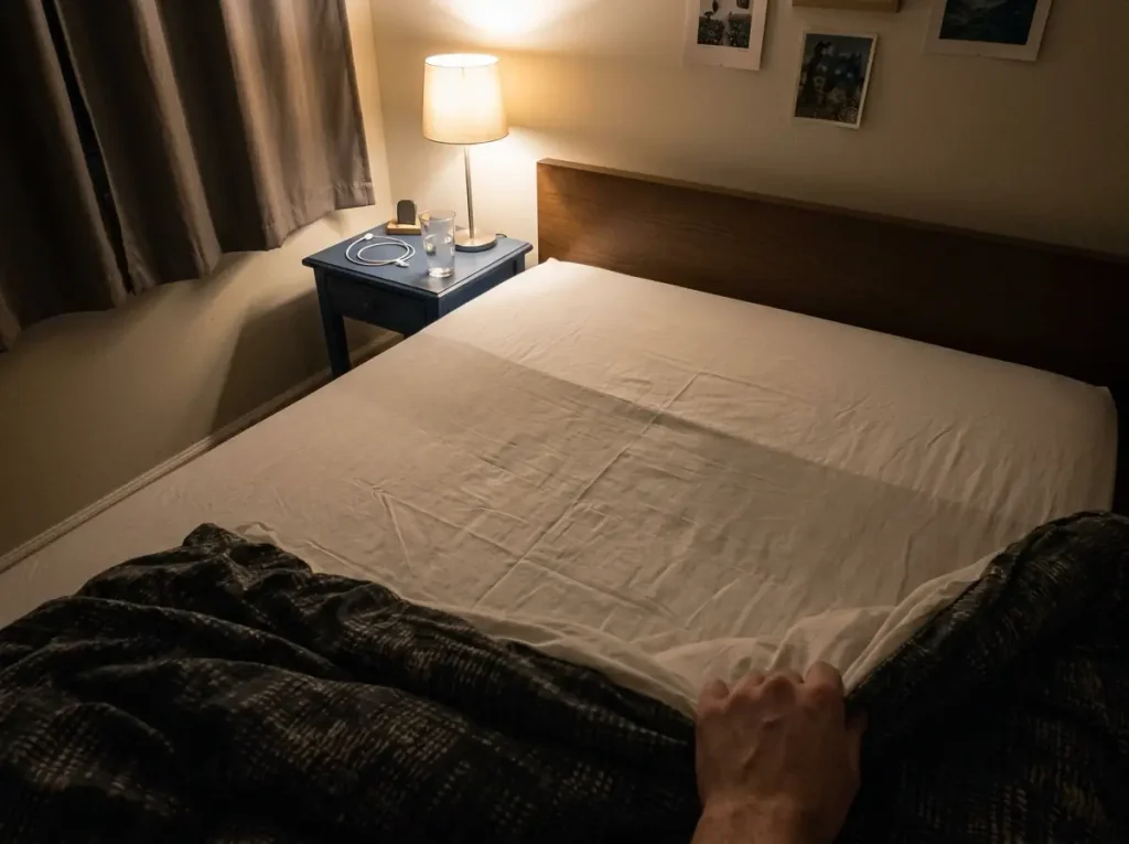 Bedding pushed back at 3 a.m. under a single bedside lamp showing the sheet across the shoulder line
