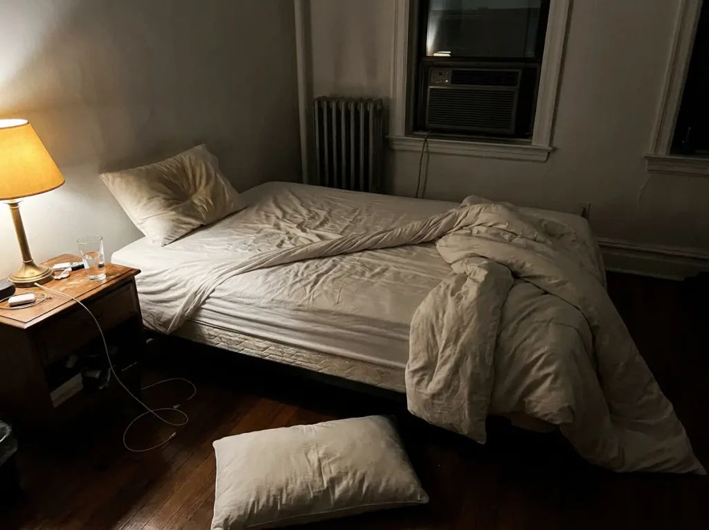 A bed at 3 a.m. with the top sheet twisted aside and the duvet slid onto the floor