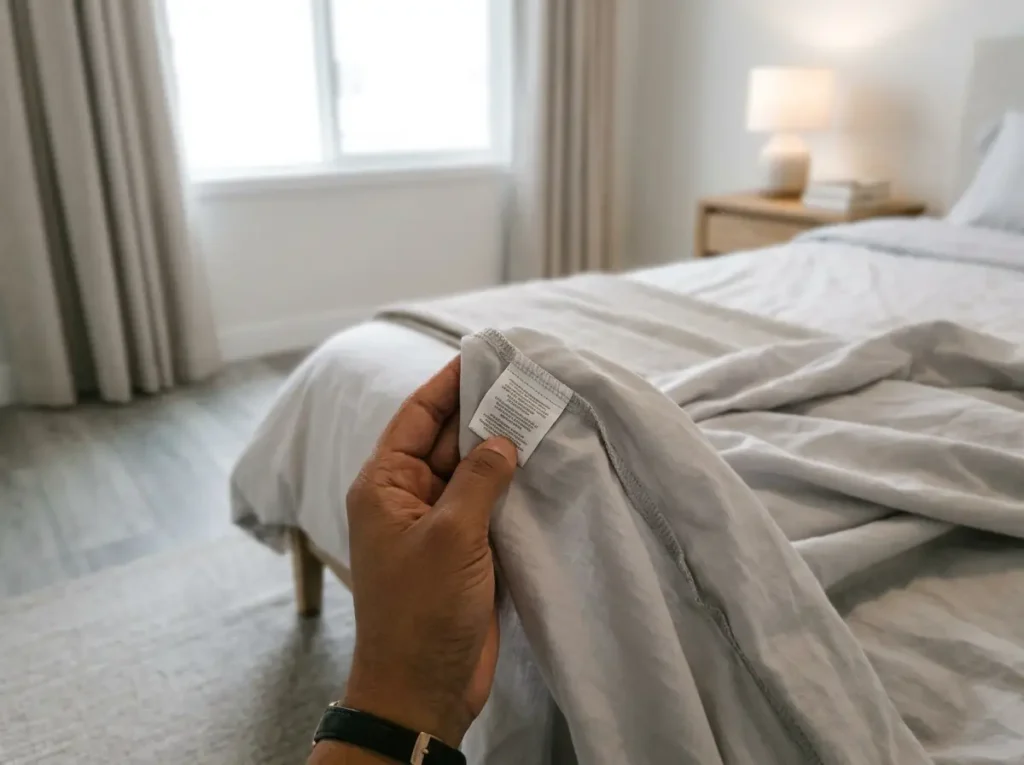 Fingers holding the sewn-in fiber content tag at the corner of a fitted sheet, read under lamp light