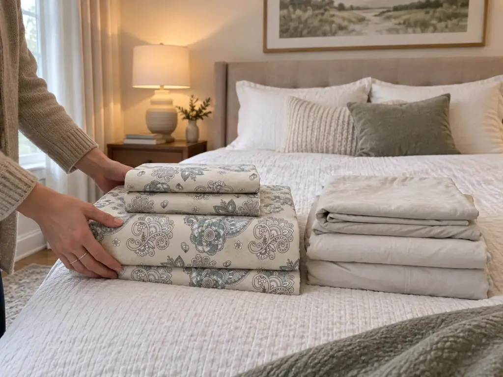 A new cotton percale sheet set in its packaging set on the bed next to the old dingy white set, folded to be retired