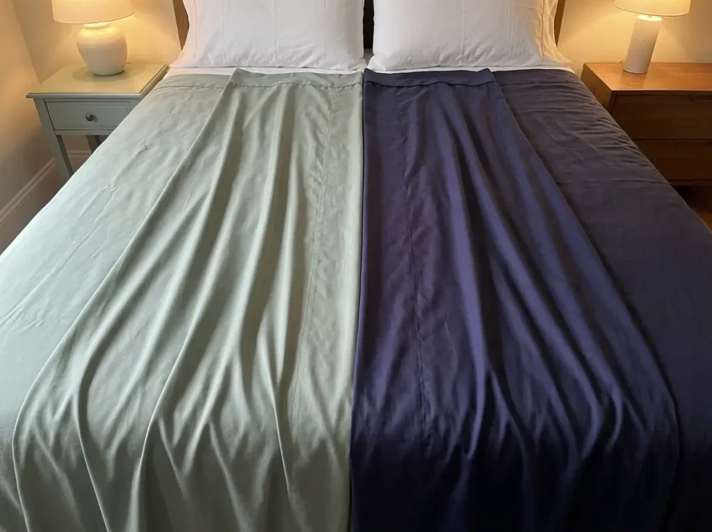 Eucalyptus lyocell and bamboo lyocell sheets laid side by side across a made bed