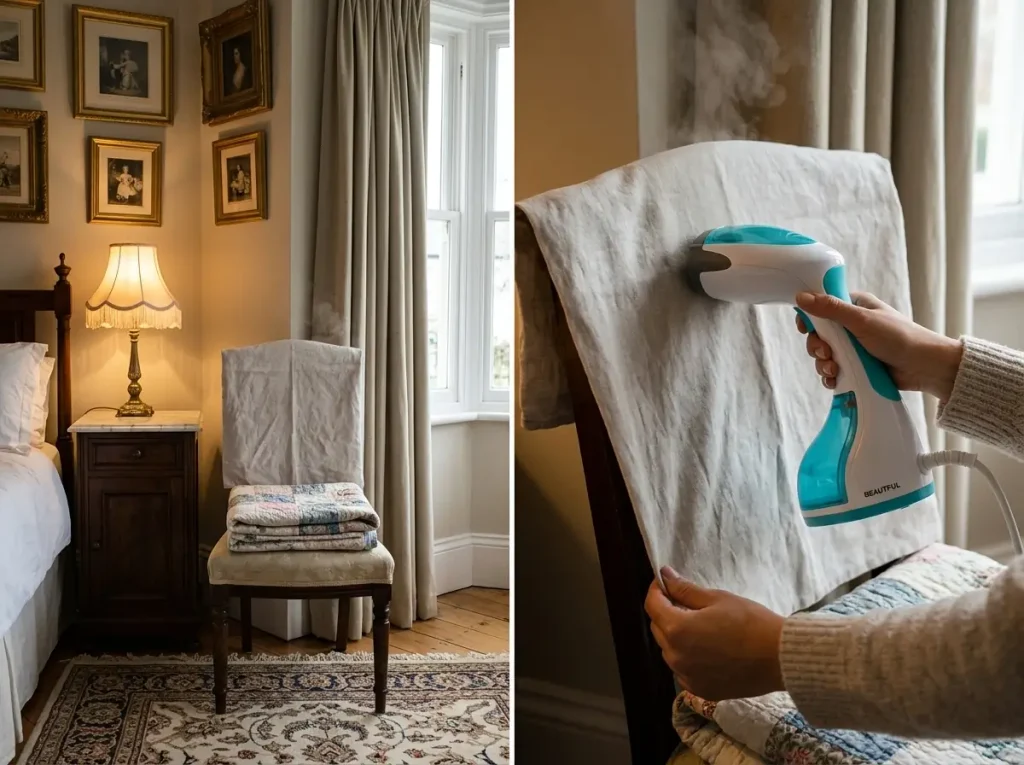 Handheld garment steamer held to a linen pillowcase hung over a bedroom chair
