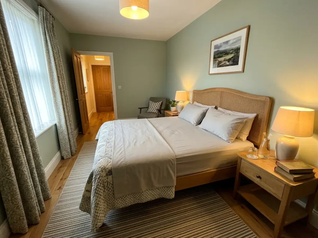 A made guest bed seen along its length with the door open to the hall and both bedside lamps lit