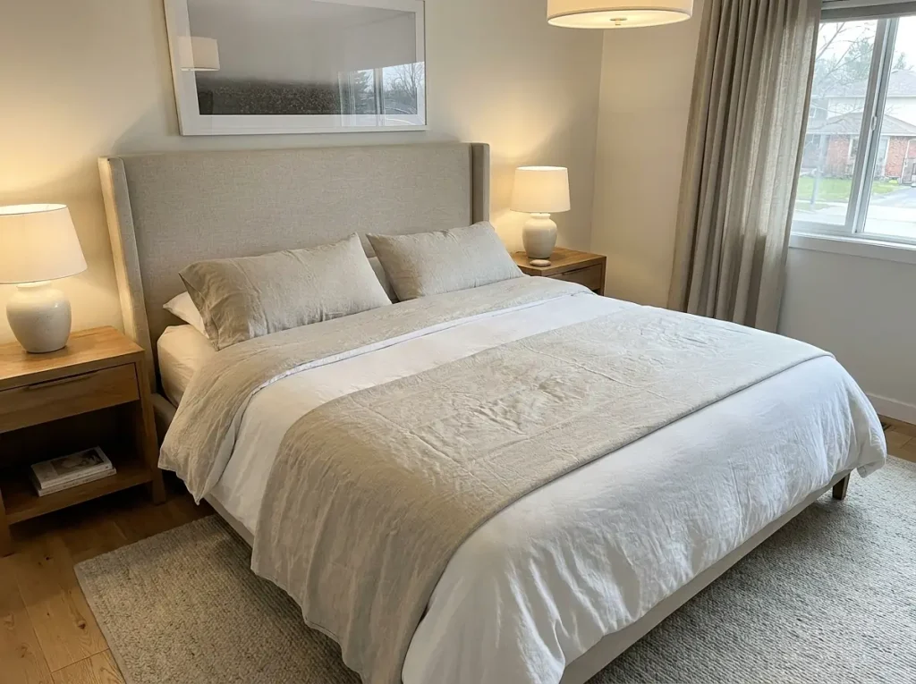 French linen flat sheet turned back over a duvet, deep rumpled creases across the fold