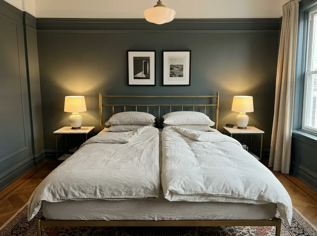 One linen sheet on a shared bed with two different duvets, one light and one heavy, side by side