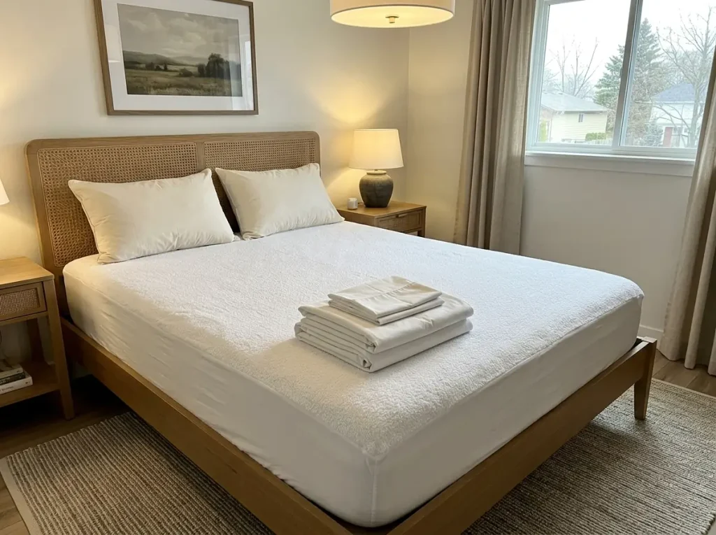 Bed stripped to a cotton terry mattress protector with a folded sheet set beside it