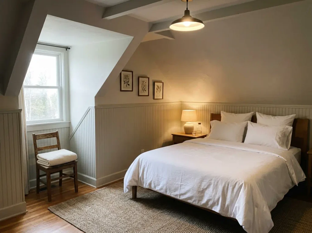 Bed remade without its protector, the folded protector set aside on a chair by the dormer window