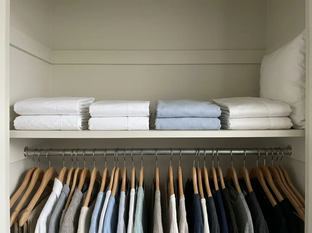 A folded stack of washed sheets on a closet shelf, one older set visibly softer and duller than the rest
