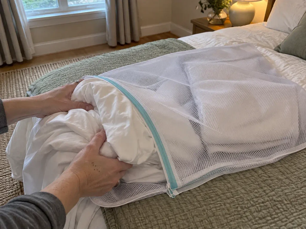 Folded cotton sheet going into a large blue mesh laundry bag at the foot of a bed